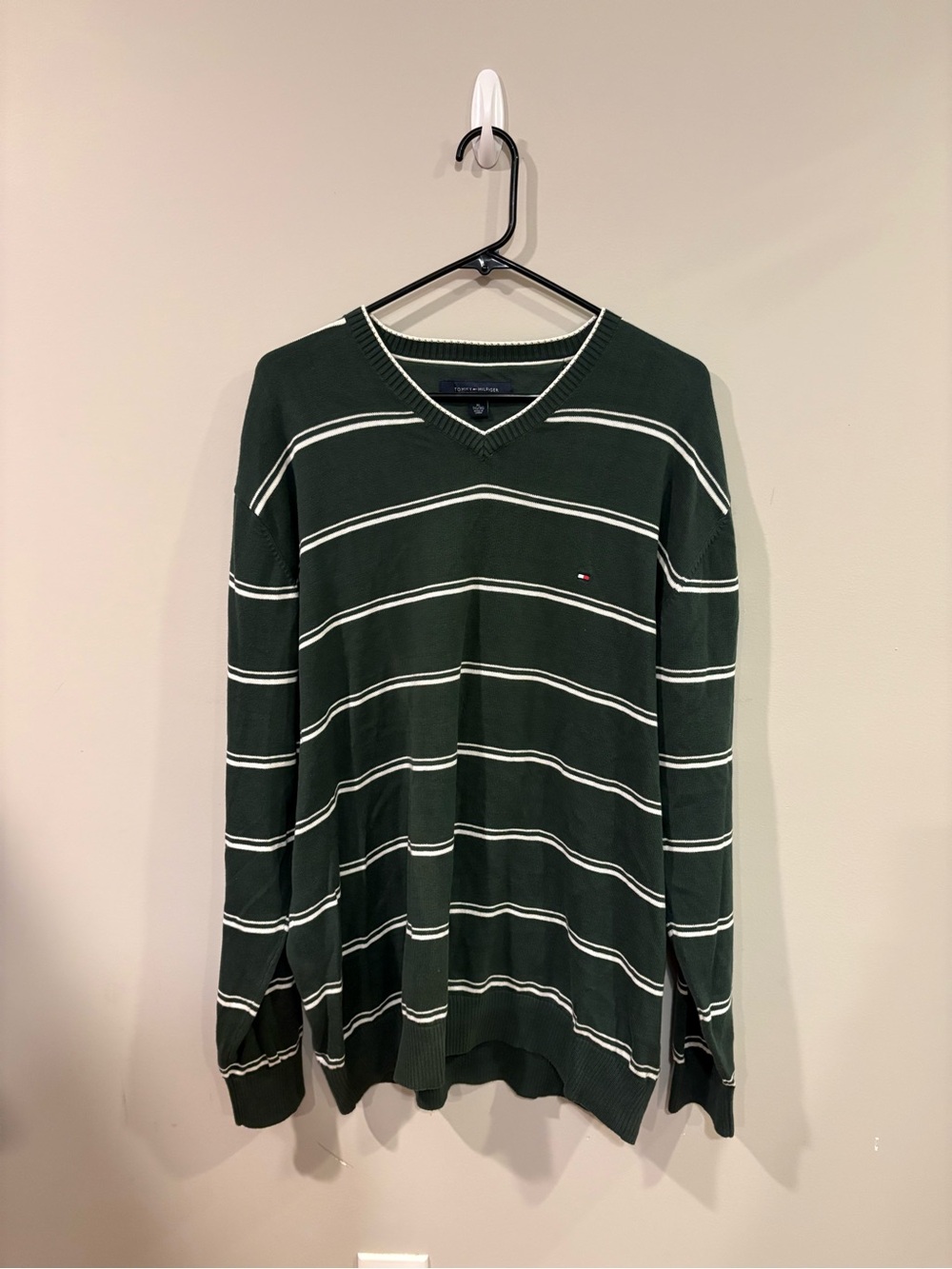 Tommy Hilfiger Dark Green V-Neck Sweater with White Stripes